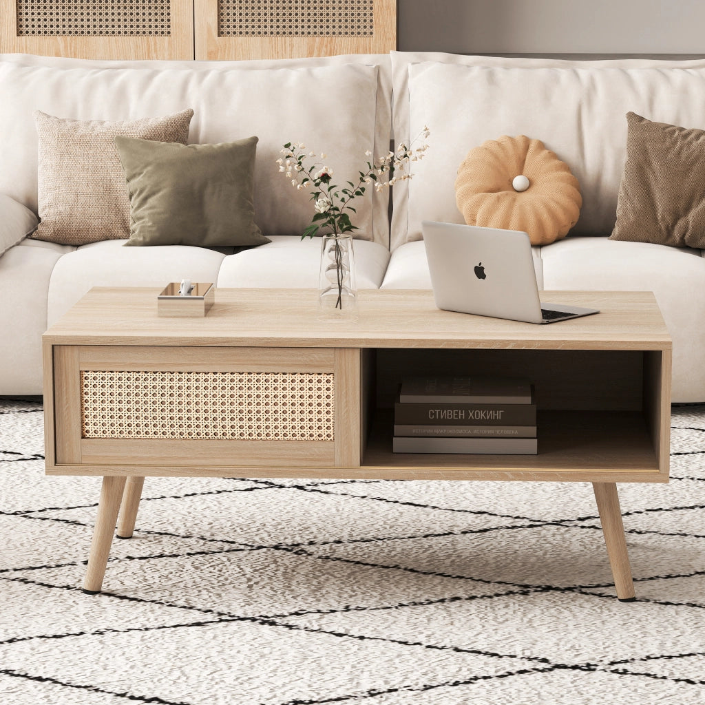 TAVOLINO DA SALOTTO 105x55x40 cm MDF Legno Naturale effetto rattan con anta scorrevole