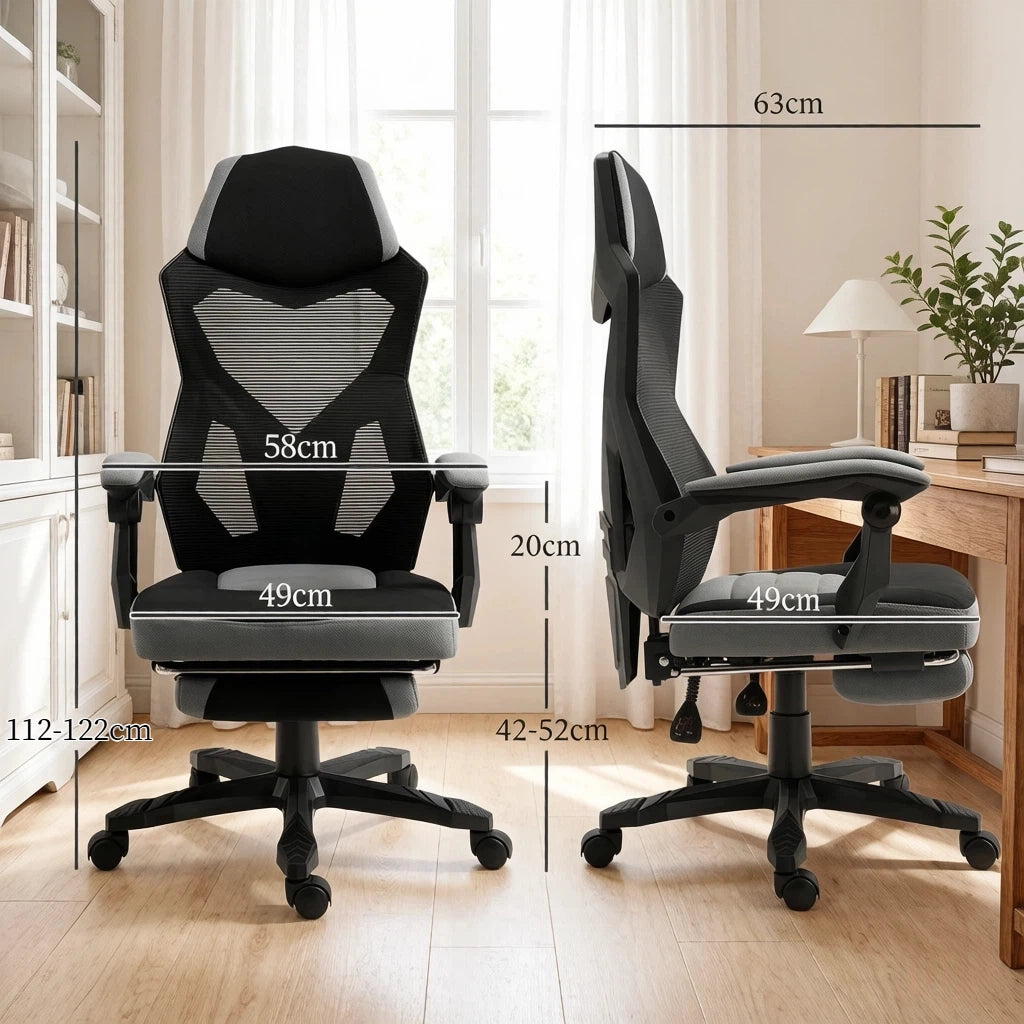 Sedia da ufficio gaming ergonomica con schienale alto altezza regolabile e poggiapiedi in rete nero e grigio