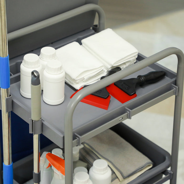 Carrello Pulizie Professionale 2 Secchi con Strizzatore e 3 Ripiani Grigio Blu e Arancione