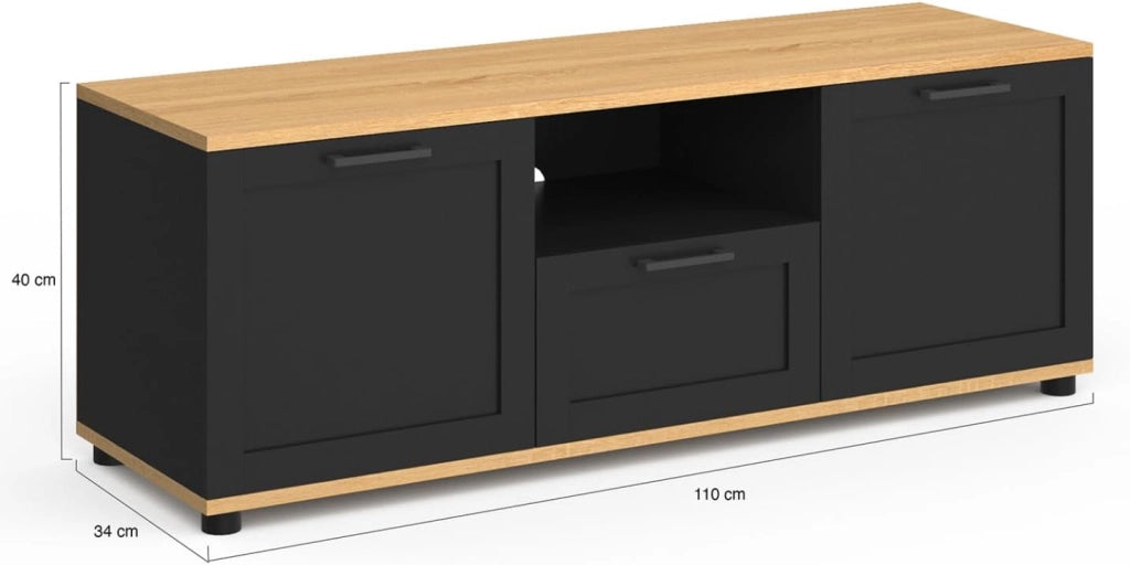 Mueble TV VITO con cajón y hornacina negros y tapa de madera de 110 cm