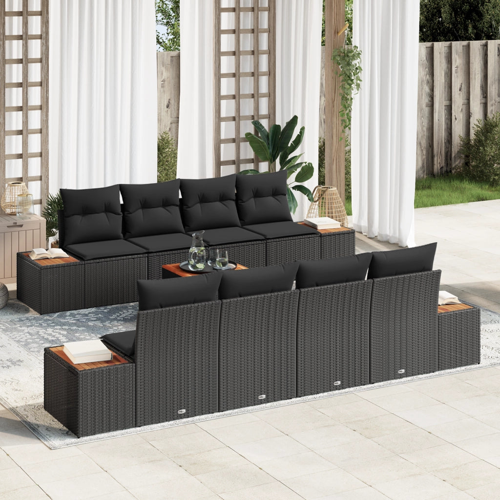 Set di Divani da Giardino da 9 Pezzi con Cuscini Nero Polyrattan Acacia