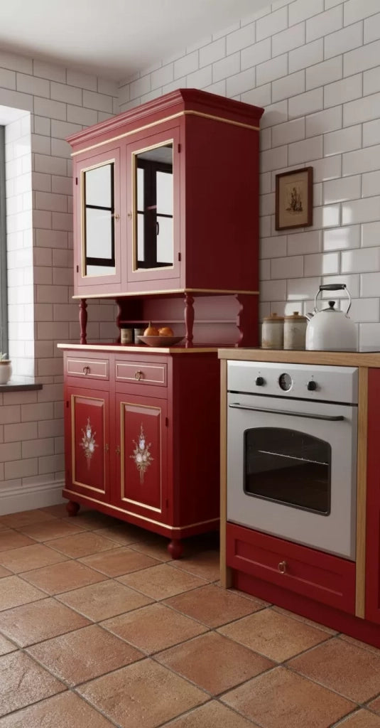 Cristalliera 2 porte shabby legno rosso decorata filo oro 104x43x208 - Mobili 2G
