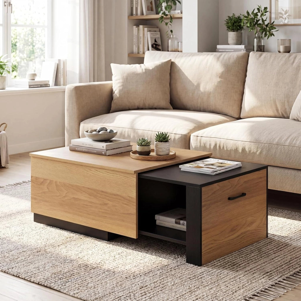 Tavolino da Caffè Allungabile, Tavolino da Soggiorno Salvaspazio con 2 Vani Portaoggetti e Piano Scorrevole, Tavolo Basso Rettangolare in Legno per Salotto e Ingresso, 118 x 60 x 37 cm