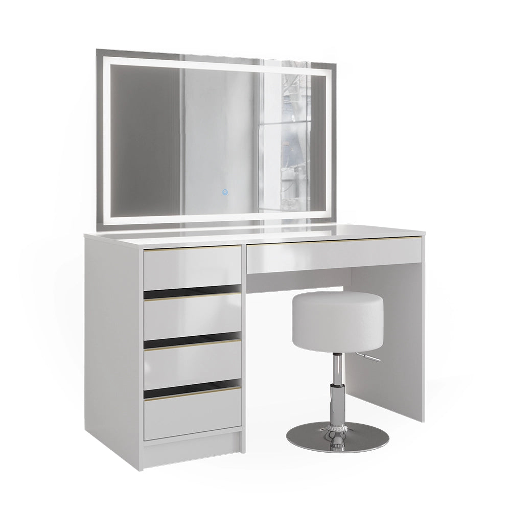 Vicco Tavolino da toilette Bianco/Oro 55 cm con specchio LED e sgabello