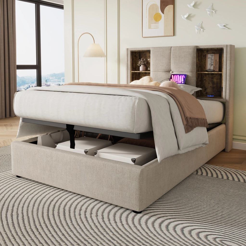Letto singolo imbottito 90x200 cm in lino naturale con ricarica wireless; USB e contenitore
