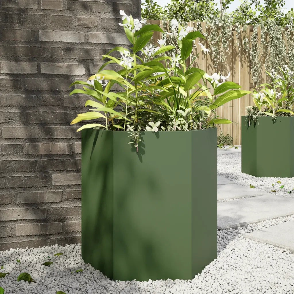 Fioriera da Giardino-Vaso da Esterno-Contenitore per Piante Verde Oliva Esagono 46x40x45 cm Acciaio