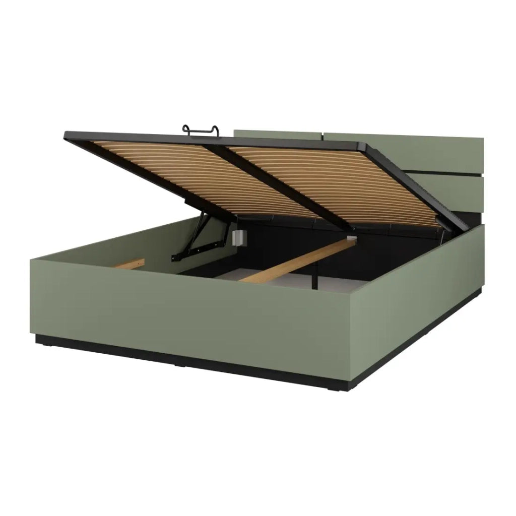 Letto contenitore HAVANA 160x200 cm – Colore verde salvia e nero – Design pratico e moderno