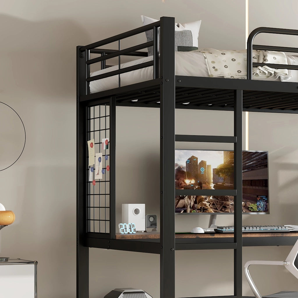 Letto a Soppalco Singolo con Scrivania; 5 Vani e Griglia in Metallo 90×200 cm; senza Materasso; Nero