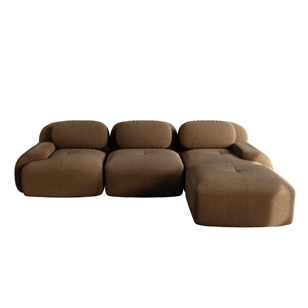 Divano angolare modulare senza montaggio in velluto a coste marrone; design ergonomico