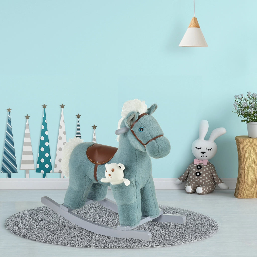 Cavallo a Dondolo in Legno con Orsetto ¨C zephmum ¨C Blu 65x26x55cm