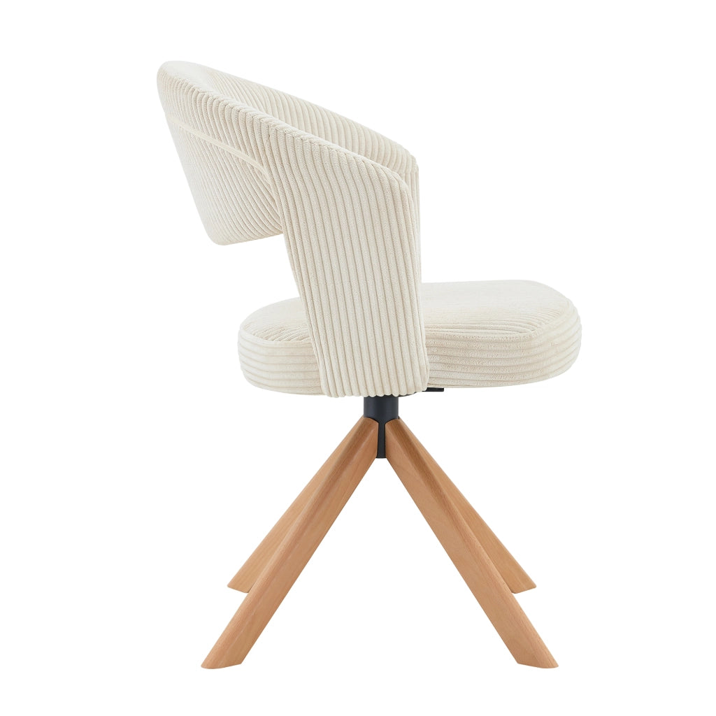 Set 2 Sedie Girevoli Retro ¨C MINIMAL ¨C Velluto a Coste Crema, Gambe in Legno Massello, Schienale Curvo
