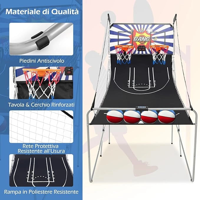 Macchina da Pallacanestro Elettronica, Canestro Basket da Camera a Doppio Tiro Pieghevole con Punteggio Elettronico, 4 Palle, 8 Modalità di Gioco e 2 Canestri (Blu e bianco)