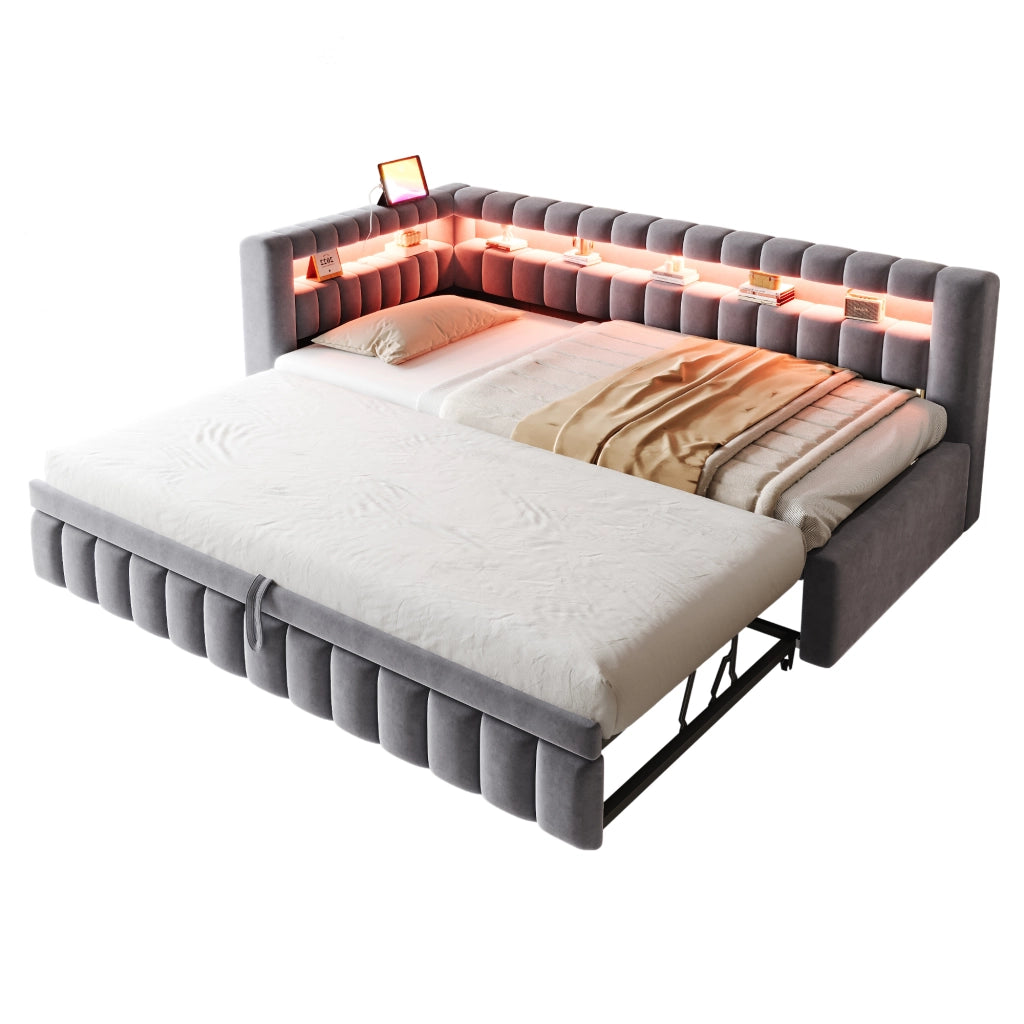 Letto imbottito 90x200 cm con letto estraibile, LED, porte USB e ripiani, grigio