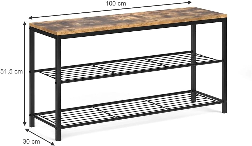 Panca scarpiera da ingresso Fyrk, Legno antico, 100 x 51.5 cm, con due ripiani per una conservazione ordinata delle scarpe