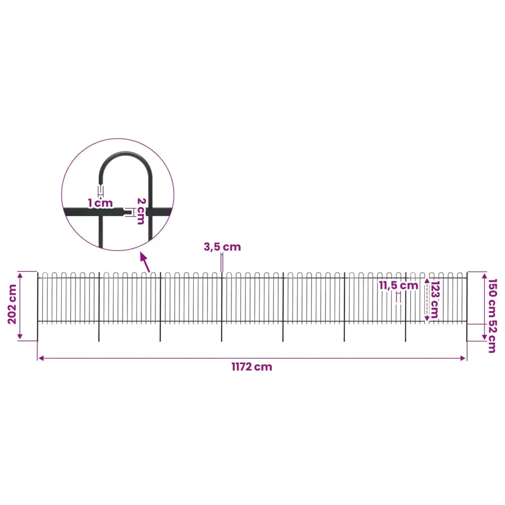 Recinzione da Giardino con Parte Superiore ad Anello in Acciaio 1172x150 cm Nero 277680