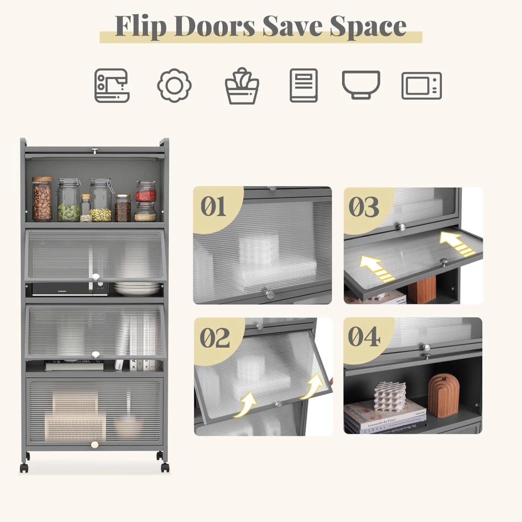 Mobile Dispensa Cucina a 5 Livelli, Mensola Microonde con Anta a Vista, Ruote, Dispositivo Antiribaltamento, Scaffale da Cucina in Ferro per Soggiorno, Sala da Pranzo, 60x32x154cm (Grigio)