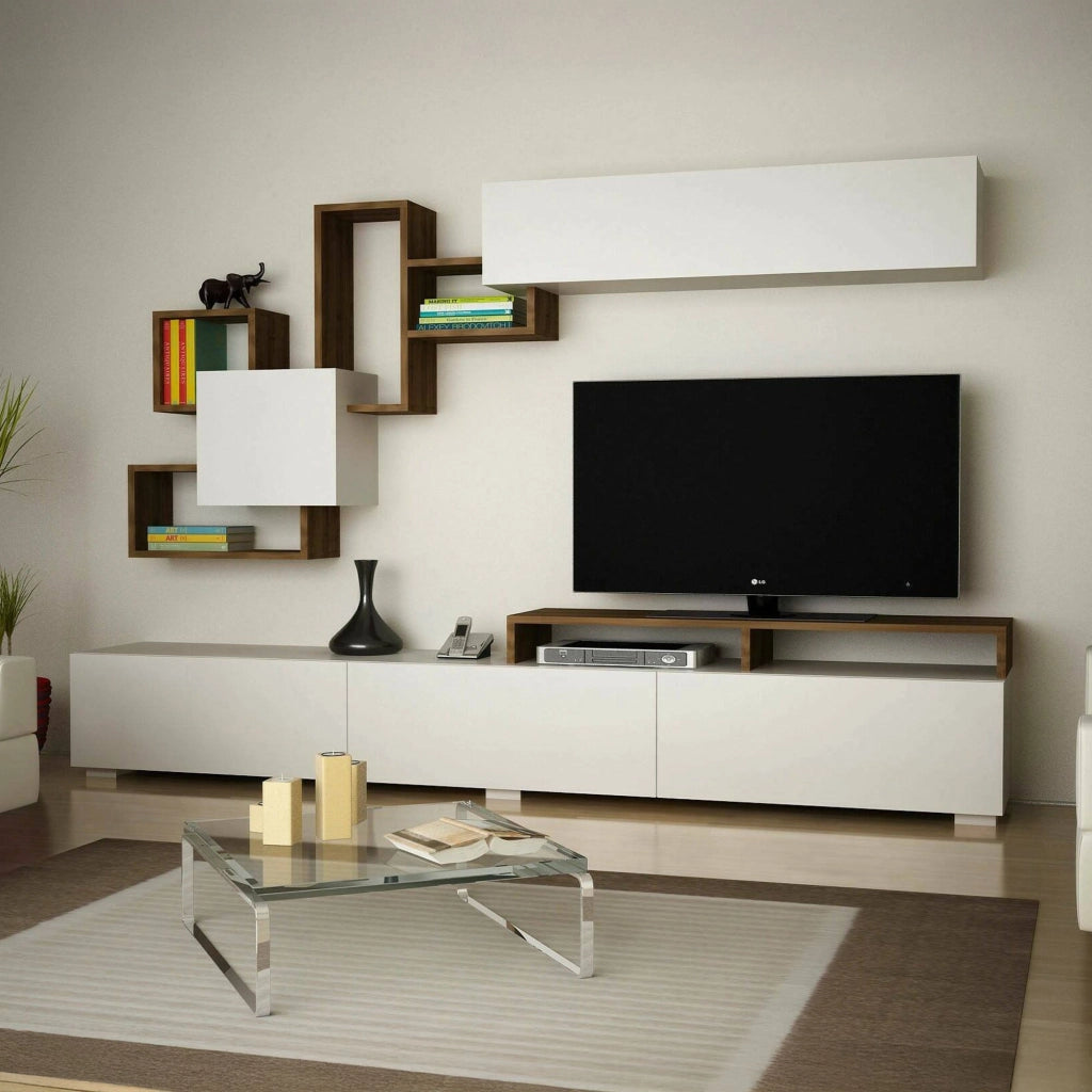 Parete attrezzata Acquifero, Composizione soggiorno, Mobile salotto multiuso, Armadio porta TV, 210x37h47 cm, Bianco e Noce