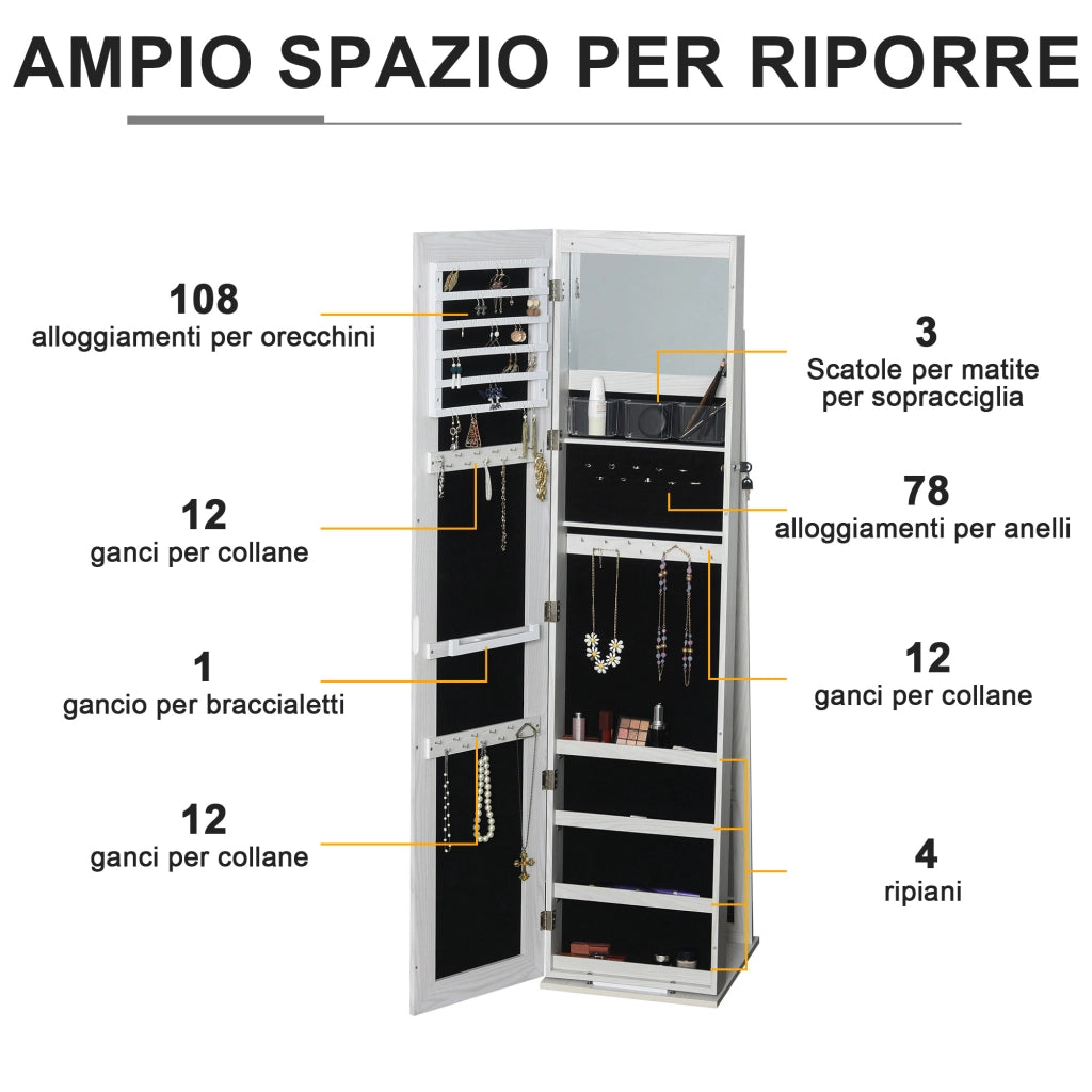 Specchio Portagioie da Terra a LED 15x15x61,75 cm con 4 Scaffali Struttura in Legno Bianco