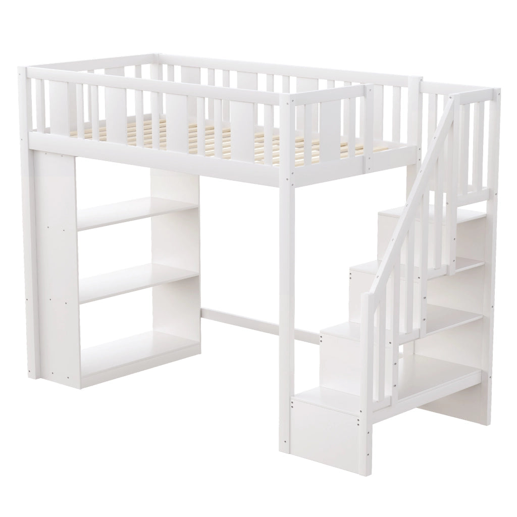 Letto a castello bianco in legno di pino con scala portaoggetti 90x200 cm