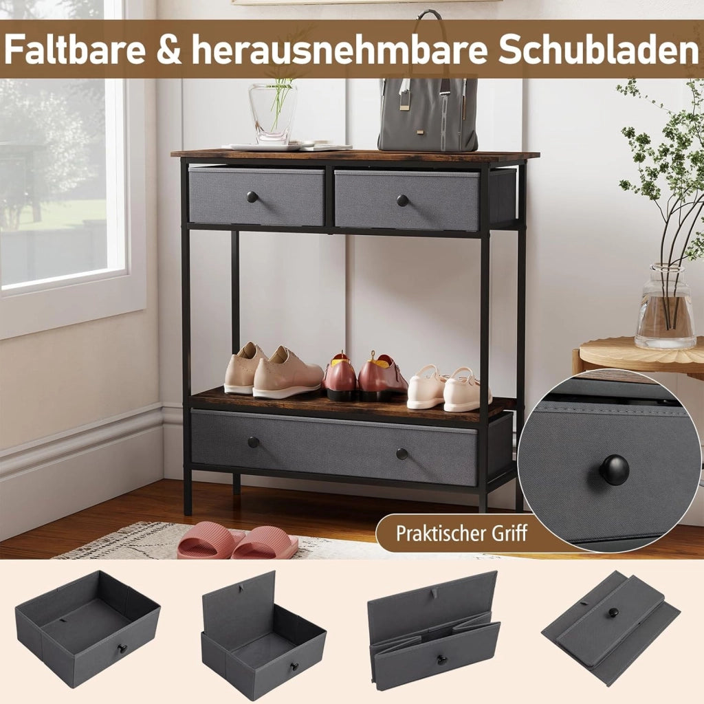 Tavolo consolle con 3 cassetti pieghevoli e vano portaoggetti aperto, tavolo d'ingresso con telaio in metallo, tavolo da esposizione rustico per soggiorno, corridoio e ingresso, 80 x 30 x 85,5