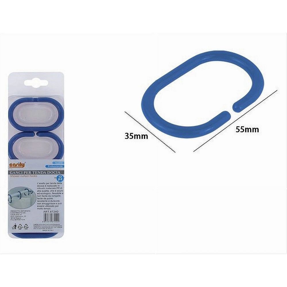 Trade Shop - Set 12 Pz Anelli Gancio Per Tenda Da Doccia Box Bagno In Plastica Pp Blu 87240 -