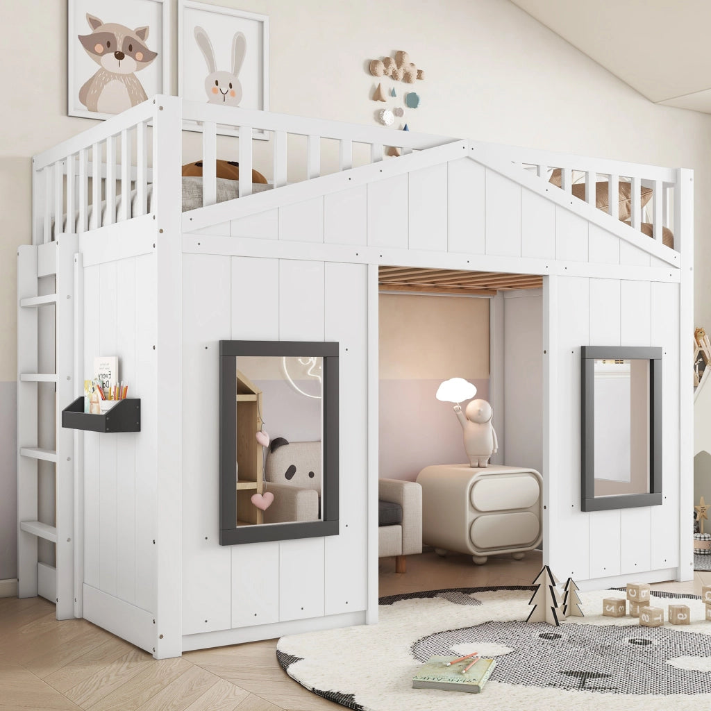 OKWISH Letto a castello 90×200 cm, Letto Singolo con Scala, Sponde di Sicurezza e Mensola, senza Materasso, Legno e MDF, Bianco