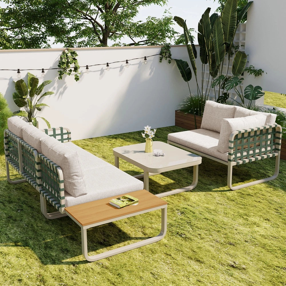 Set da giardino in rattan verde - Zephmum- 4-5 posti con cuscini