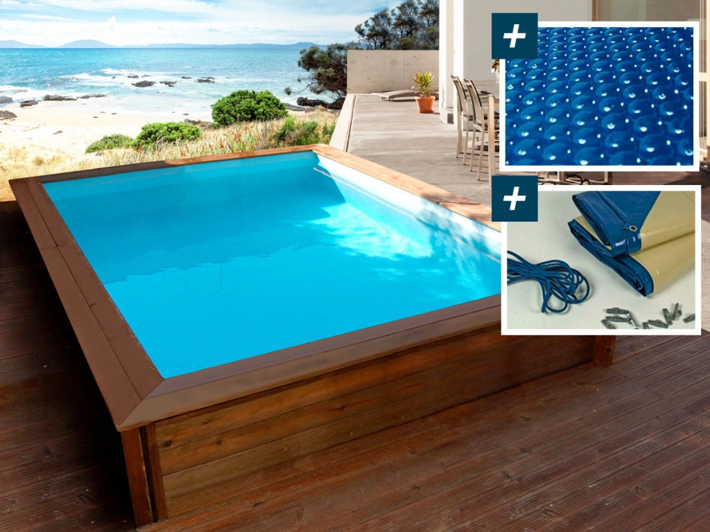 Piscina rettangolare in legno "Toledo" - 3,00 x 2,00 x 0,71 m - Copertura a bolle 180 µ - Copertura invernale 280 g/m².