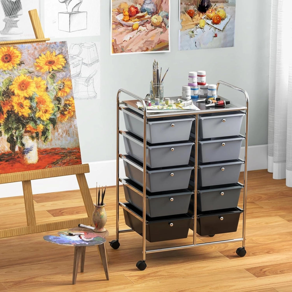 Carrello con 10 cassetti, impilabile, carrello per cassetti, carrello da cucina con ruote bloccabili, carrello per cucina, bagno, ufficio, 65,5 x 37 x 87 cm, grigio chiaro e nero