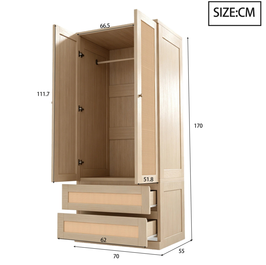 Armadio a 2 ante con 2 cassetti e vano interno; 70 × 55 × 170 cm; legno