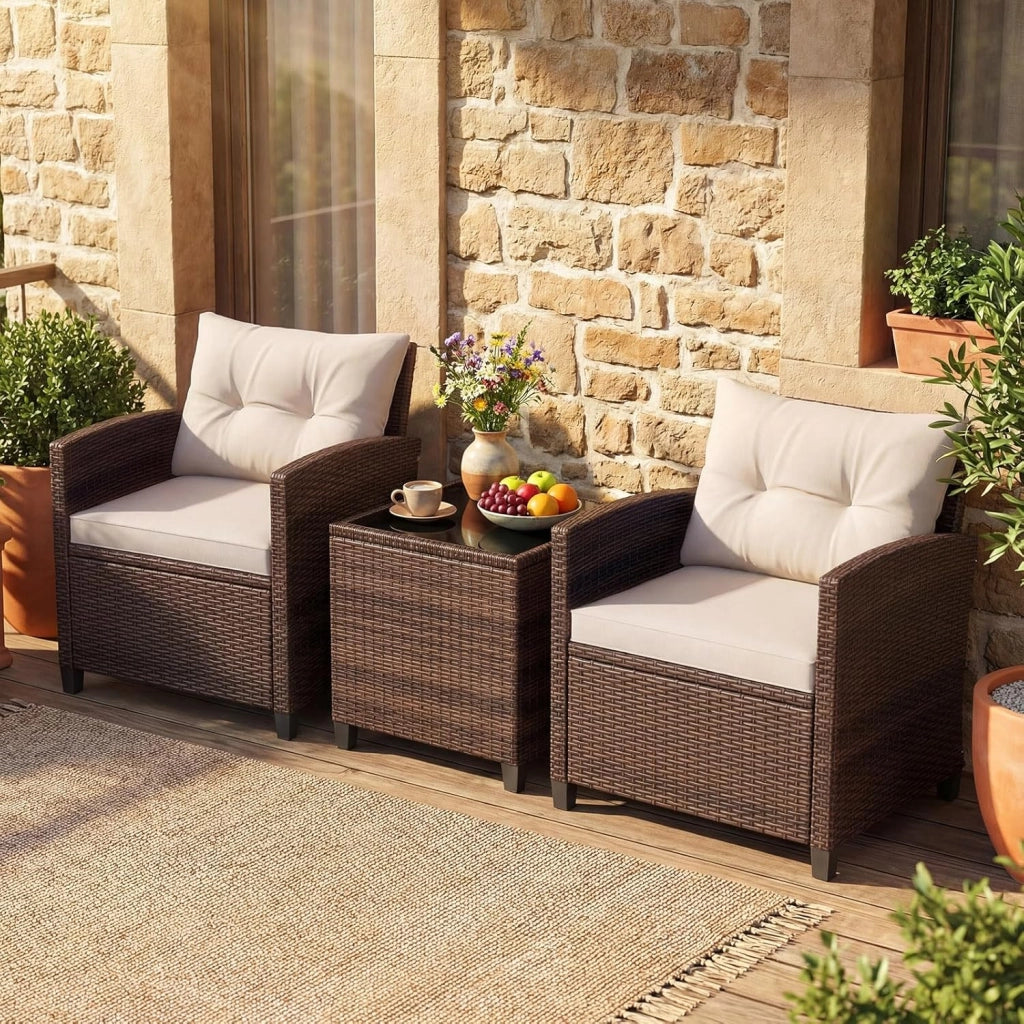Set di Mobili da Giardino, in Rattan, 3 Pezzi Mobiletti, 1 Tavolino + 2 Poltrone, Salottino da Esterno, con Cuscini per Balcone, Giardino, Cortile, Terrazza, 3 Colori (Bianco)