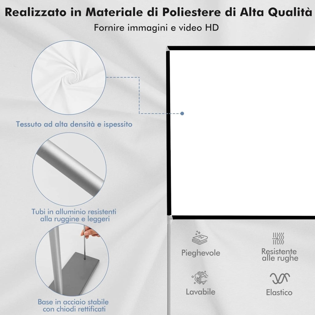 Schermo per Proiettore da 100 Pollici con Supporto, Schermo Cinematografico con Angolo di Visione di 160°, Tessuto Premium, Telaio in Alluminio e Base in Acciaio