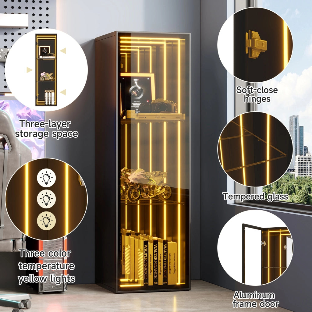 Vetrina con LED e 3 vani aperti, ripiani regolabili e ante in vetro temperato, per soggiorno, nero, 30 × 30 × 90 cm