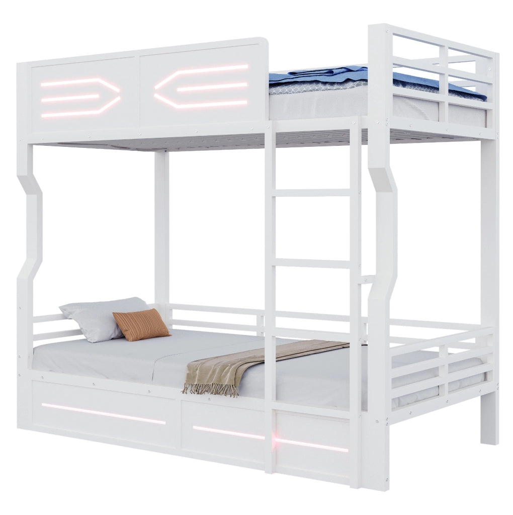 Letto a castello 90x200 cm bianco con LED, scala dritta e sponde di sicurezza