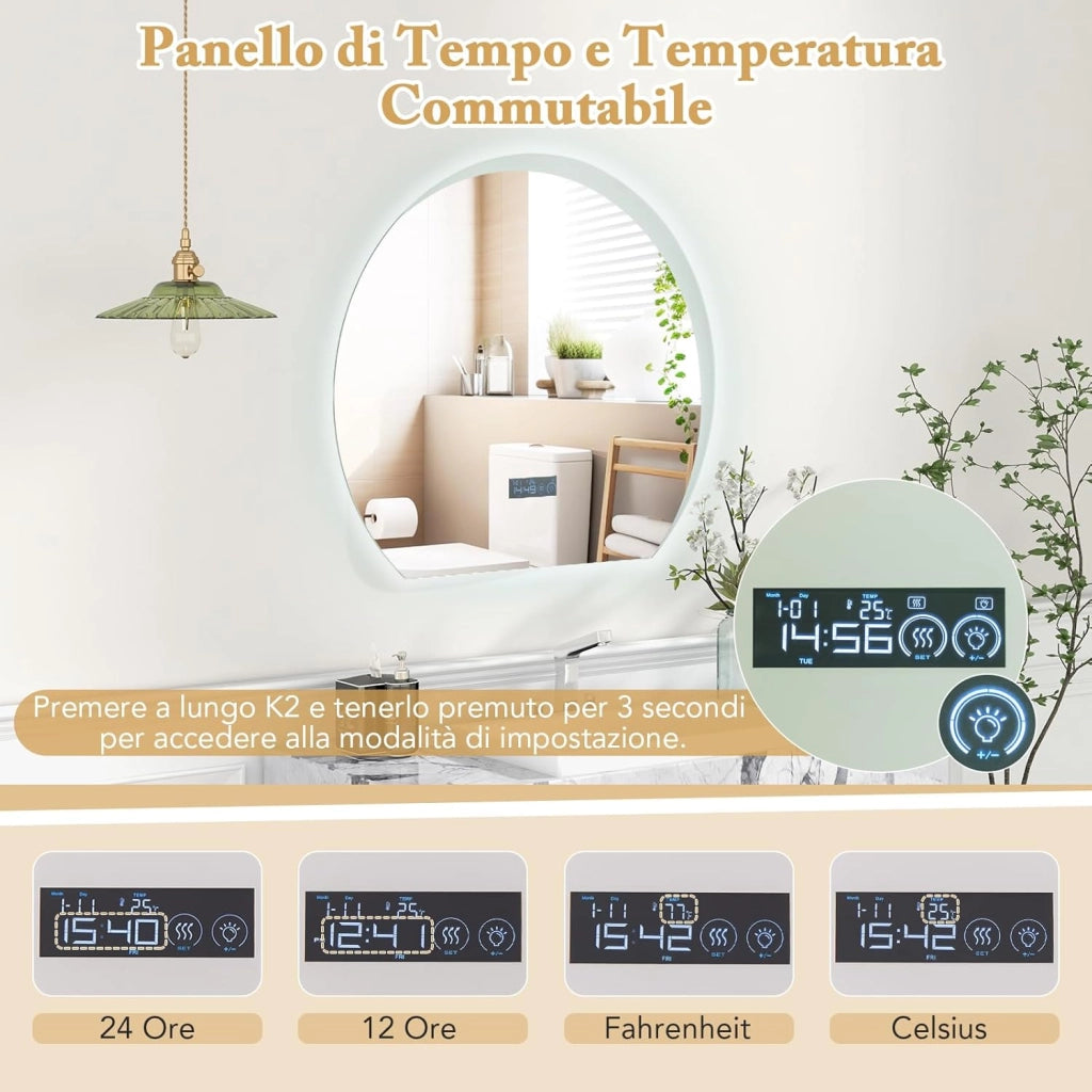 Specchio da Parete, Specchio IP44 da Bagno Arco Moderno 60 x 53 x 3 cm con Cornice in Alluminio, Luce Led Regolabile e Display per Sogiorno, Camera da Letto e Ingresso, Bianco
