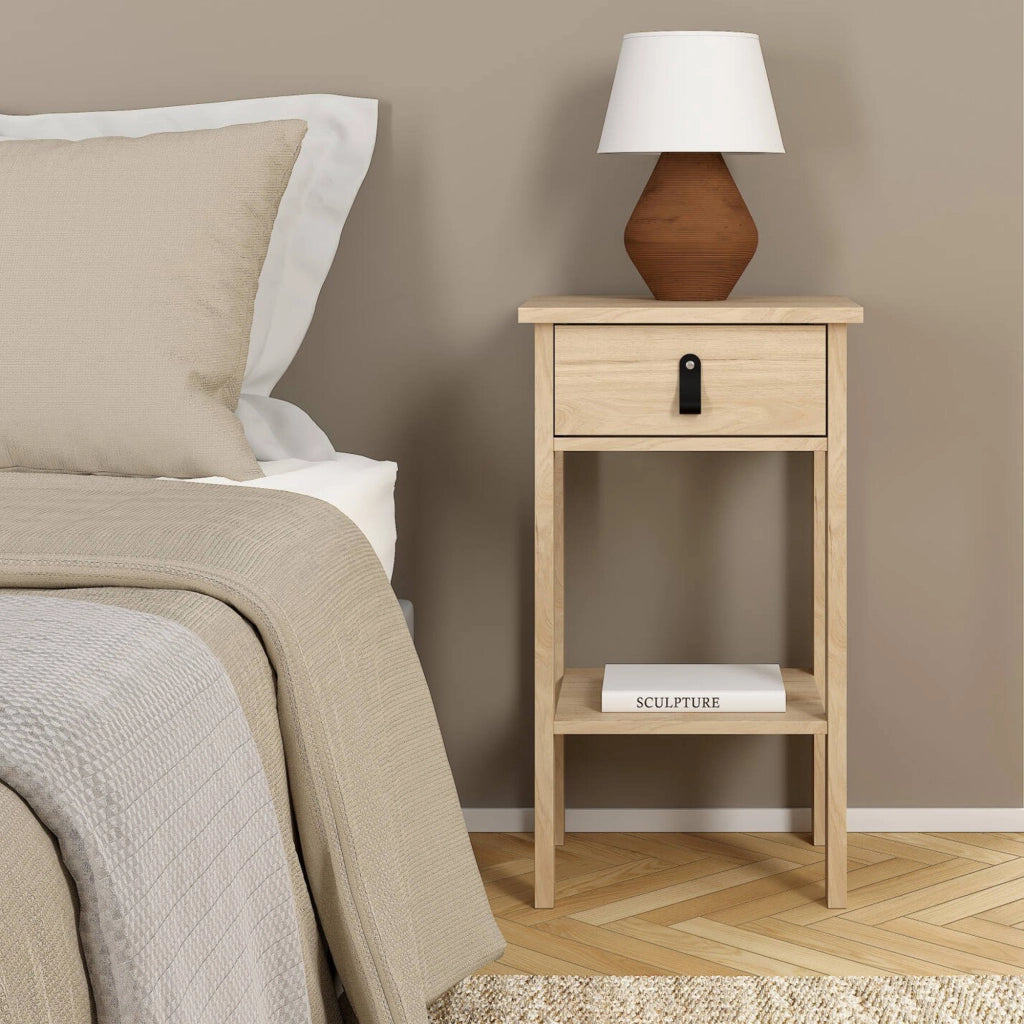 Comodino Inday, Comò basso, Tavolino da notte, Mensola da letto, 40x34 h70 cm, Rovere