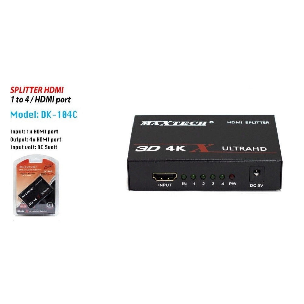 Trade Shop - Splitter Sdoppiatore 4 Porte Hdmi Full Hd 1080p Per Tv Ps3 Xbox 3d 4k Maxtech Dk-104c -