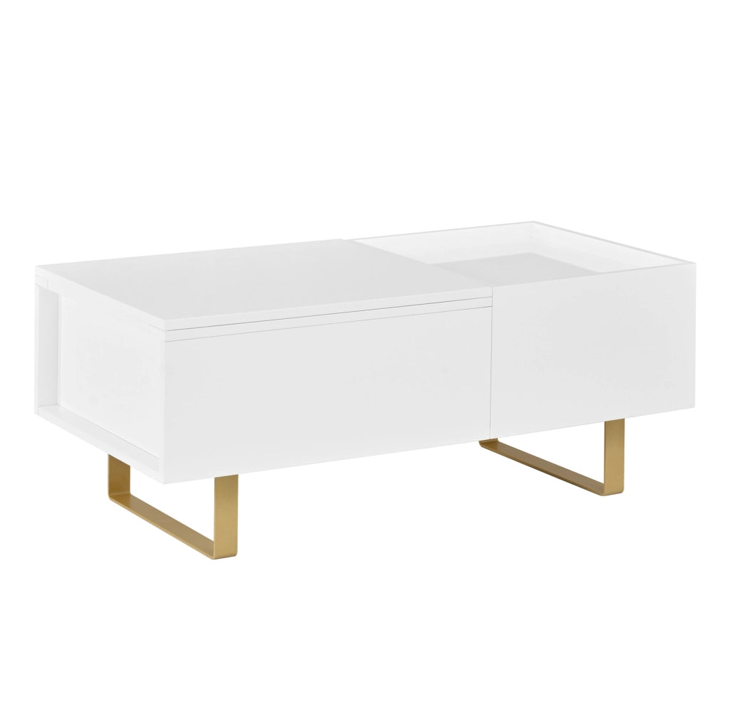 Tavolino da caffè elevabile con vano contenitore e cassetto; 100x50x54;5 cm; MDF bianco