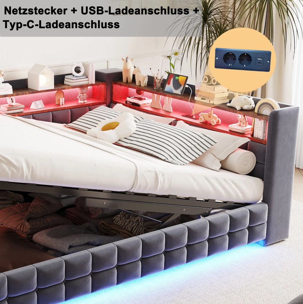 Divano letto imbottito 140x200 cm con vano contenitore idraulico; LED; prese USB e Type-C; grigio