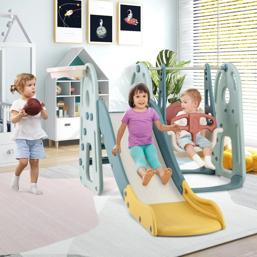 Set di scivolo 4-in-1 per bambini 18 mesi+, Set di gioco con altalena canestro da basket e arrampicata Verde-Arrampicate e scivoli
