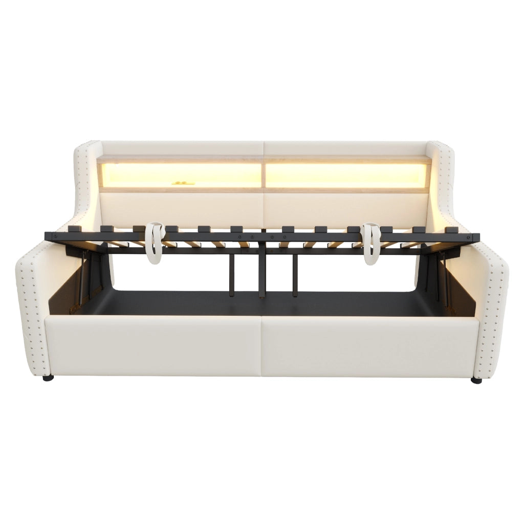 Divano letto imbottito 90 x 200 cm con contenitore idraulico, rete a doghe e LED, beige