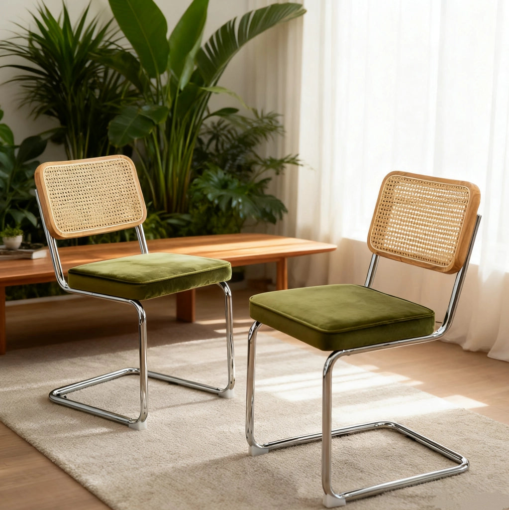 Sedia da pranzo 58.0x45.0x33.0 cm impilabile con schienale in rattan; cromo; tessuto e rattan verde