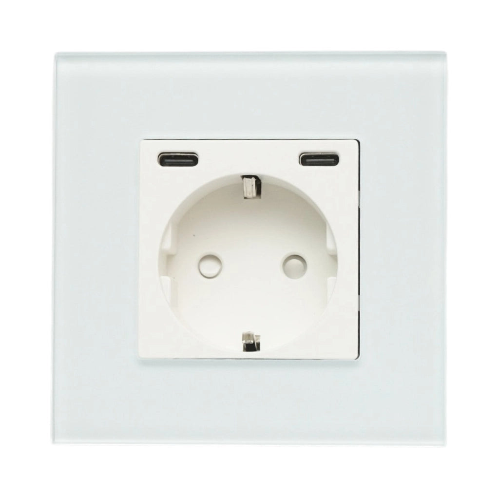 Presa Schuko da incasso bianca 220V, 16A, 2xUSB-C 20W ricarica rapida, cornice in vetro 86x86x34mm