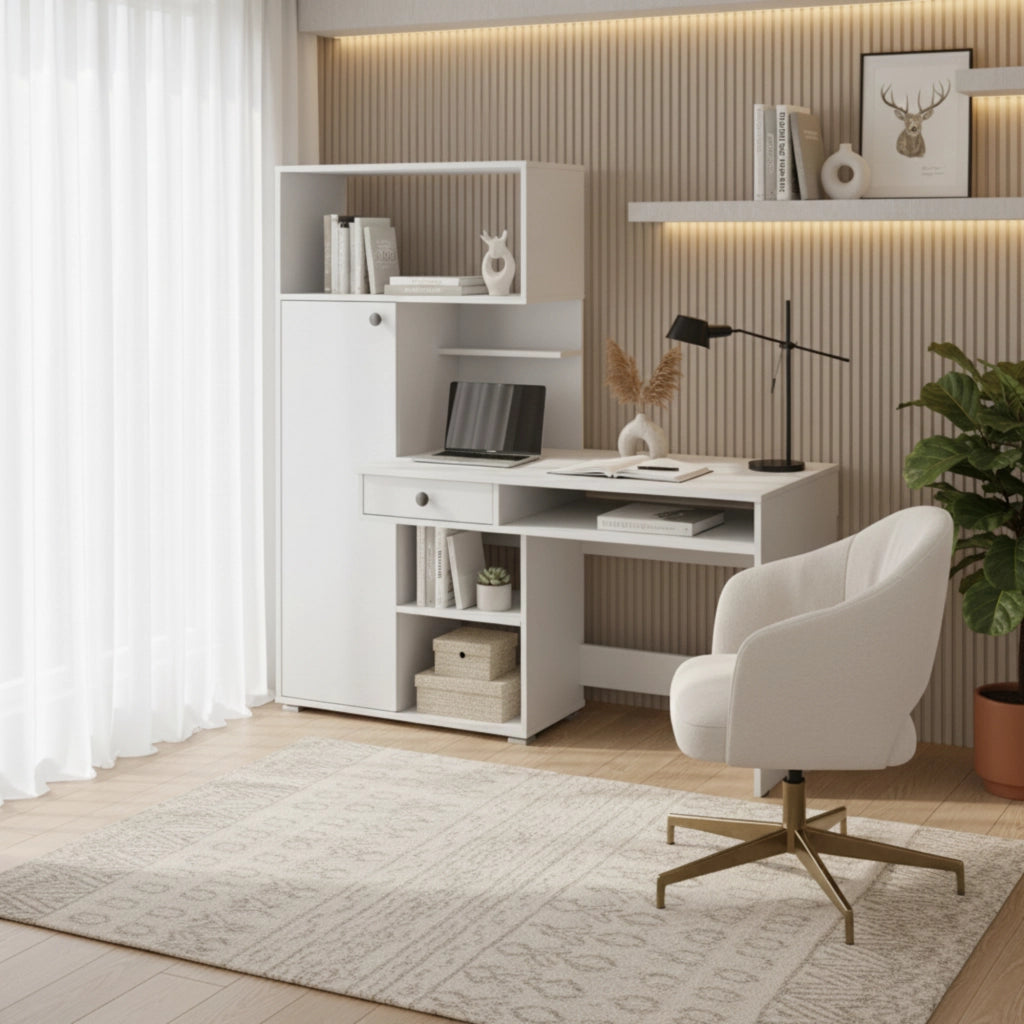 Scrivania KLEPP - Spaziosa - Cassetto - Bianco - Larghezza 150 cm, Altezza 149 cm, Profondit? 92 cm
