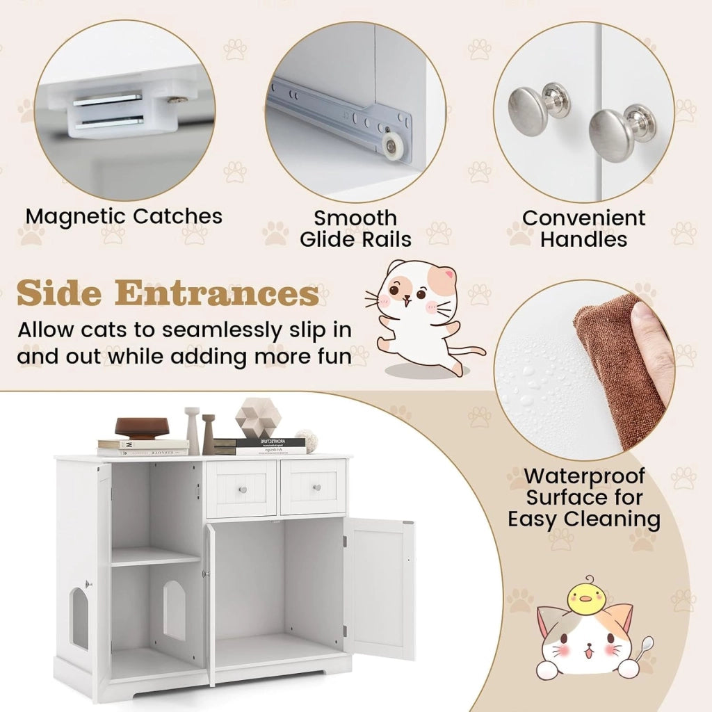 Maison de Toilette Chat, Mobile per Lettiera per Gatti con 2 Cassetti, 3 Ante e Ingresso Laterale e Dispositivo Anti-Rovesciamento, per Interni, 100 X 45 X 80 CM, Bianco