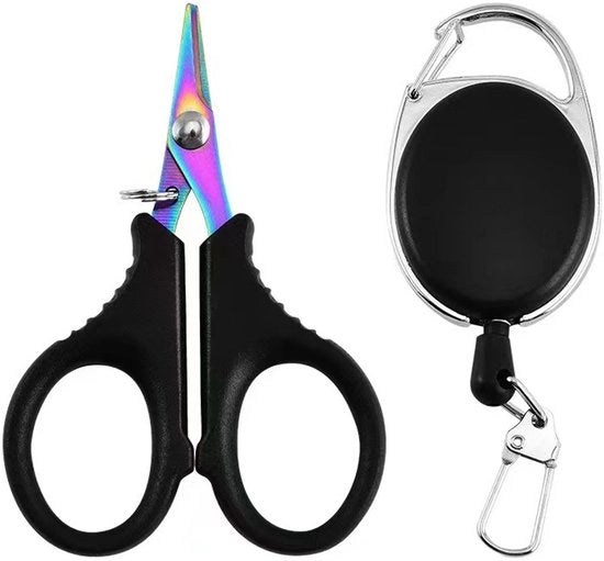 Borsa con forbici colorate e ganci telescopici per la pesca, inclusi forbici telescopiche e ganci, ganci telescopici con clip, cavi telescopici per chiavi e tessere.