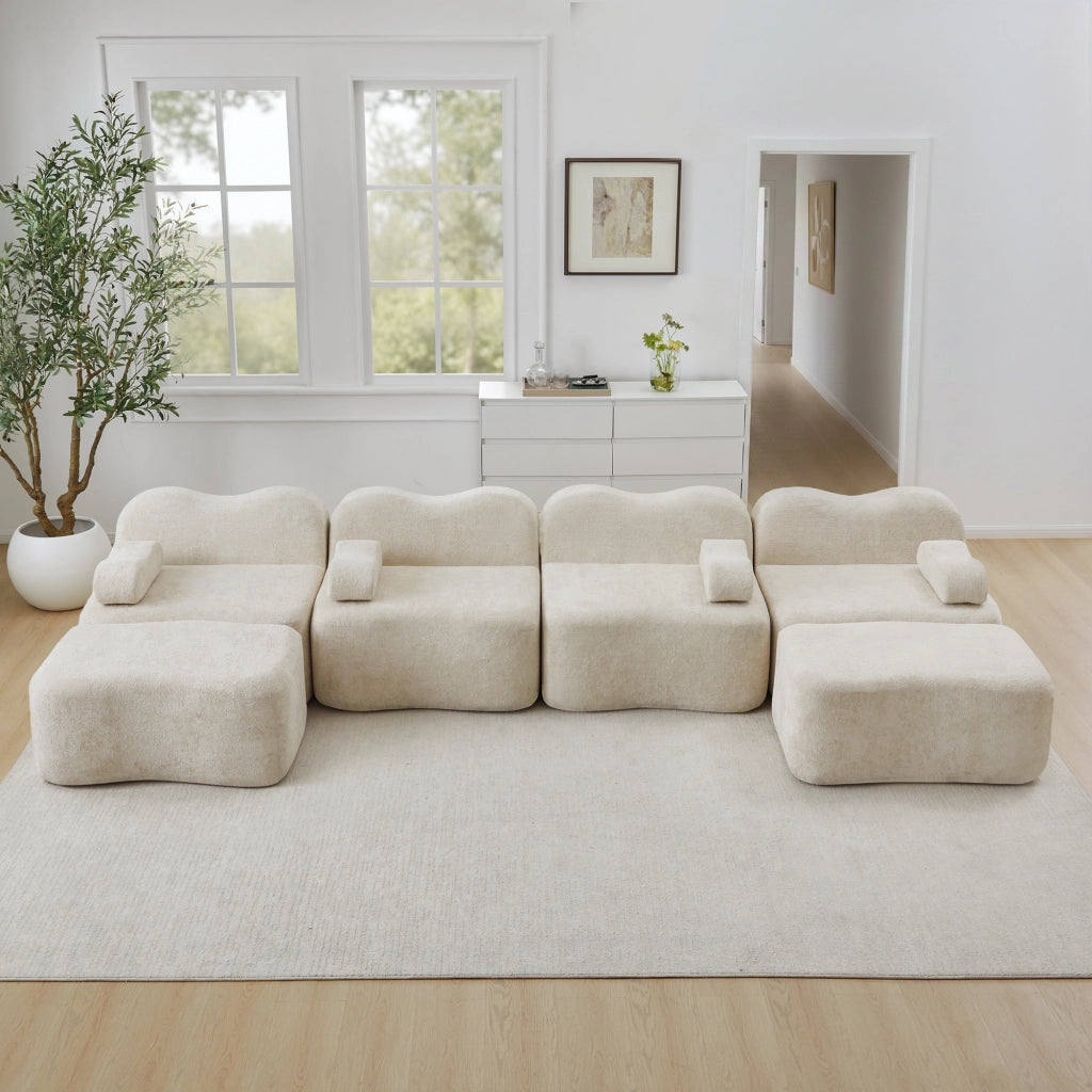 Divano modulare a U 4 posti con 2 pouf design ondulato e cuscino bracciolo mobile in velluto beige 384 × 167 × 70 cm