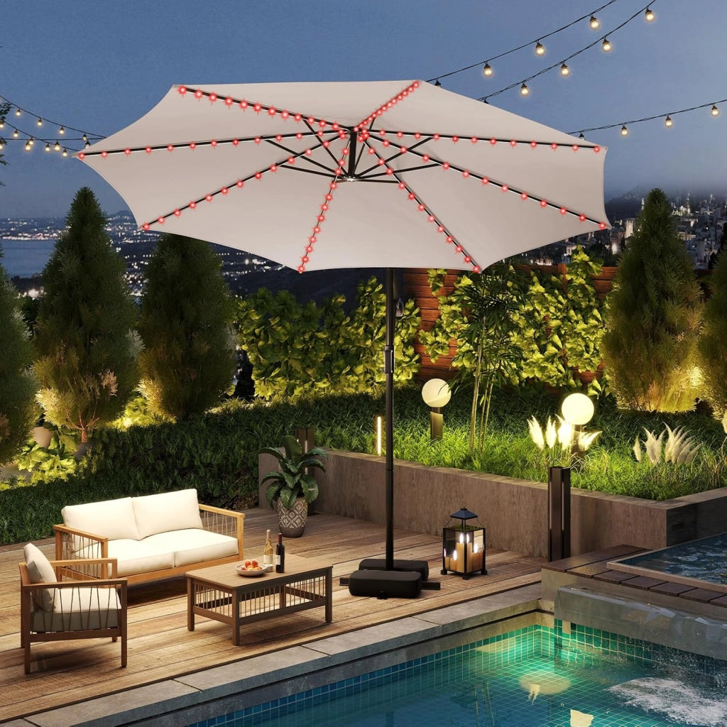Ombrellone da Giardino 290 cm, con 96 Luci LED, Ombrellone Esterno con Base, Inclinazione Regolabile, Rotazione a 360°, Manovella, Parasole da Giardino (Beige)