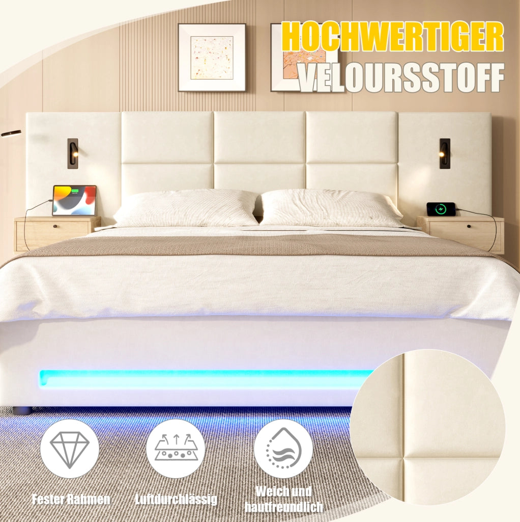 Letto imbottito 180x200 cm con contenitore; USB-C e LED in velluto beige