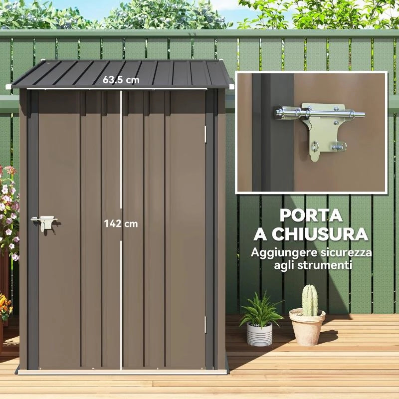 CASETTA DA GIARDINO PORTA ATTREZZI IN ACCIAIO GALVANIZZATO E PORTA, 100X103X160CM, MARRONE